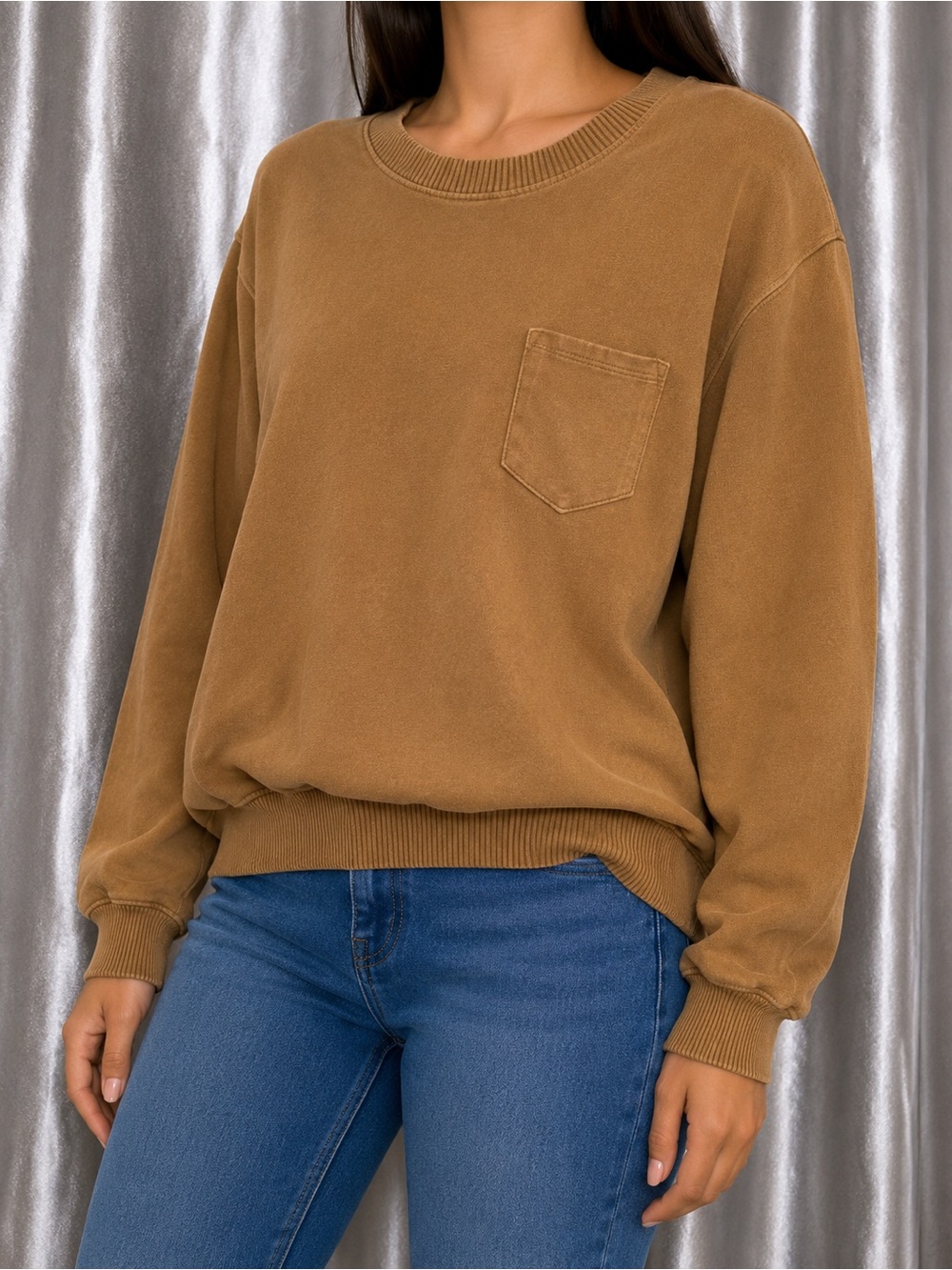 Aerie Women’s XS Brown Tan Oversized Crewneck Sweatshirt Pocket Distressed Cozy